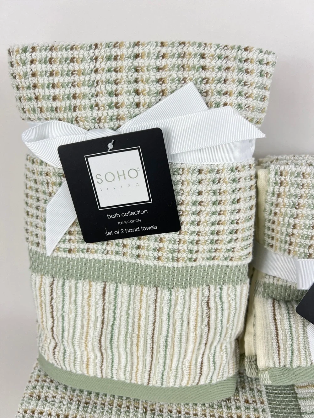 Soho Living Bath Towel Set Sage Cream Tan Striped Soft 100% Cotton 8 Pc NEW